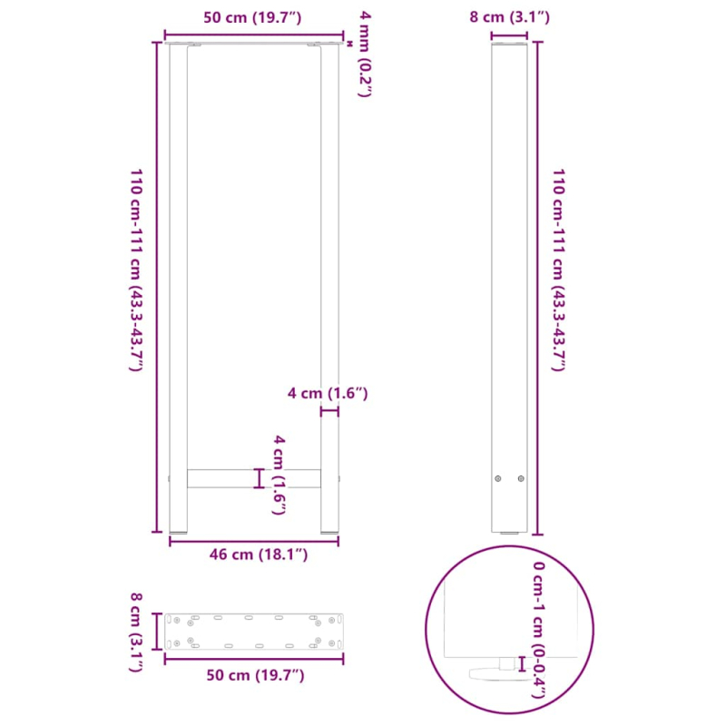 Couchtischbeine Naturstahl 2 Stk. 50x(110-111) cm Stahl