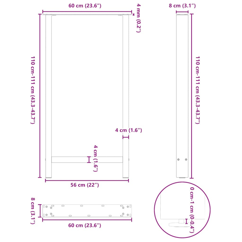 Couchtischbeine Weiß 2 Stk. 60x(110-111) cm Stahl