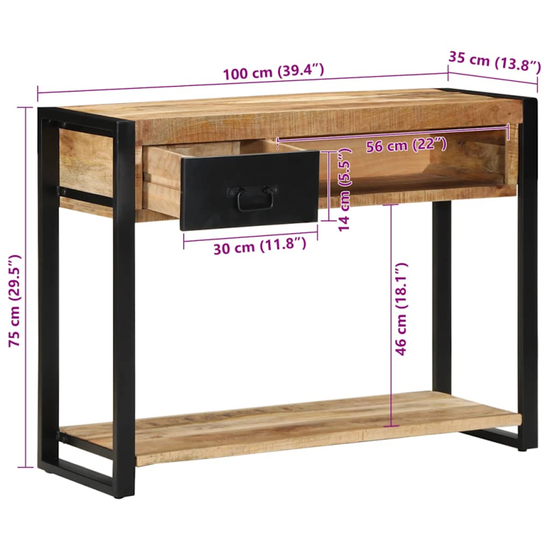 Konsolentisch 100x35x75 cm Raues Massivholz Mango