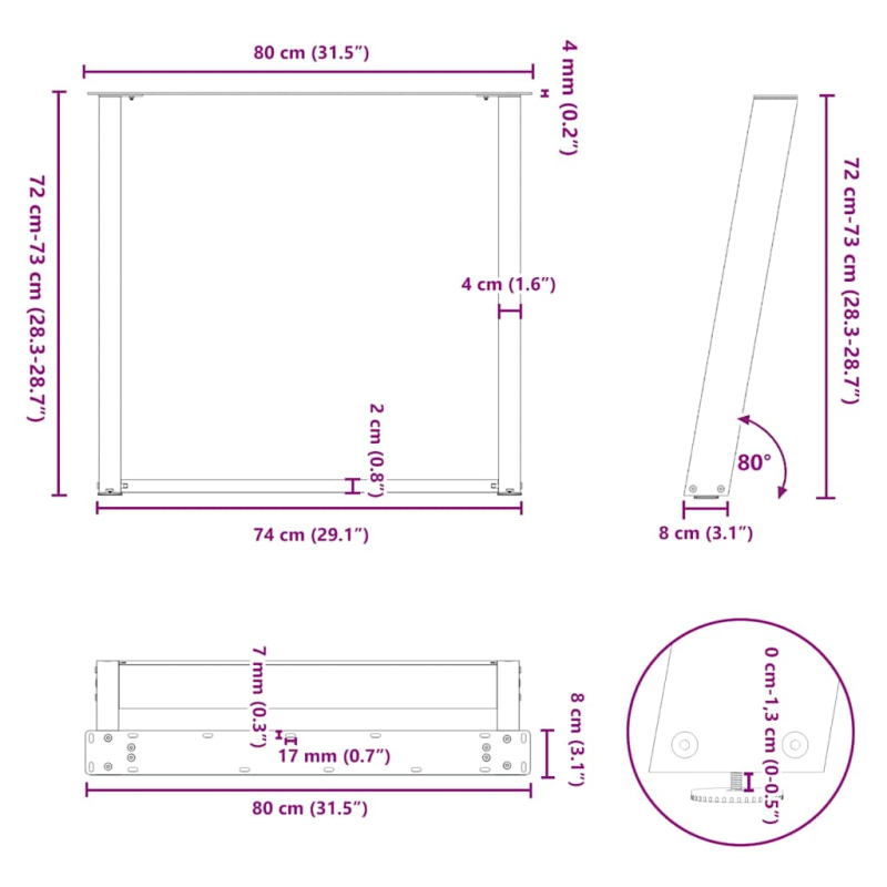Esstischbeine U-Form 2 Stk. Naturstahl 80x(72-73) cm Stahl