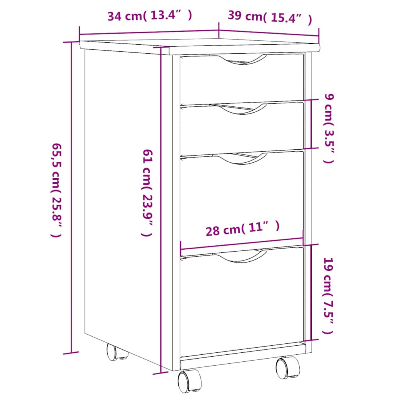 Rollschrank mit Schubladen MOSS Schwarz Massivholz Kiefer