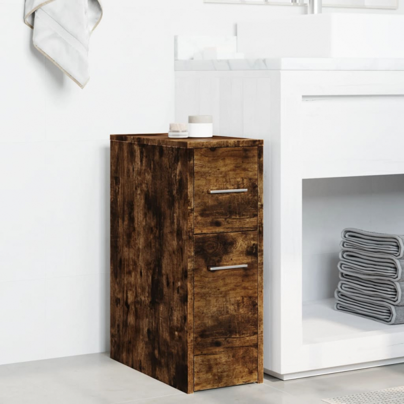 Badschrank Schmal mit Rollen Räuchereiche Holzwerkstoff