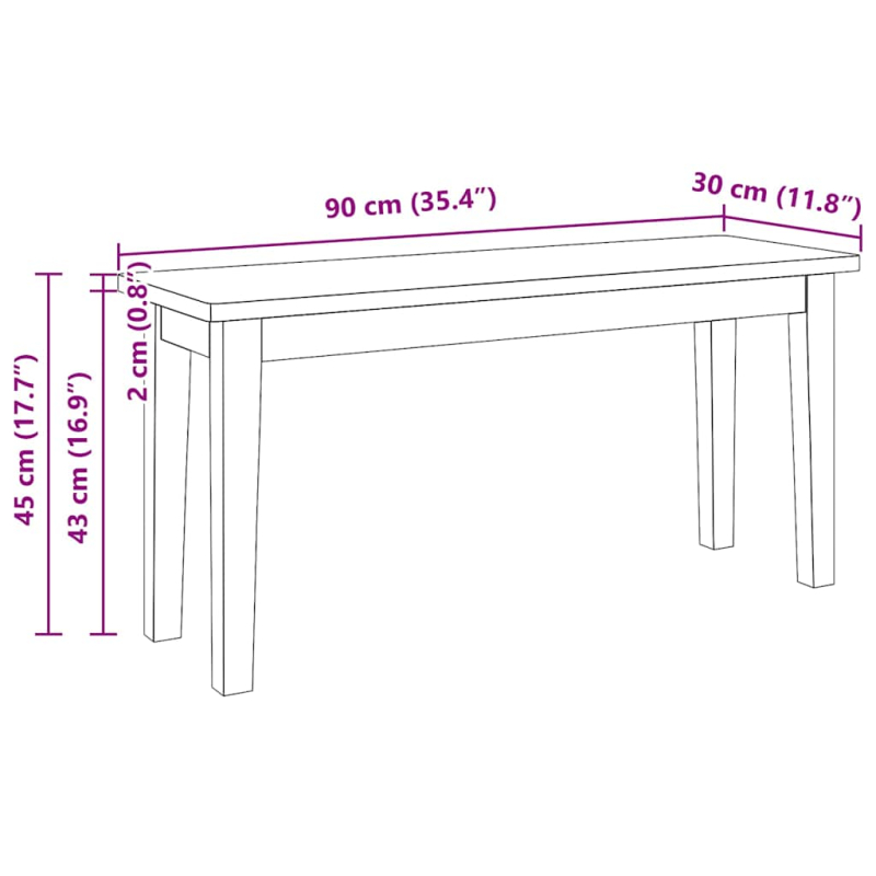 Bank 90 cm Massivholz Gummibaum