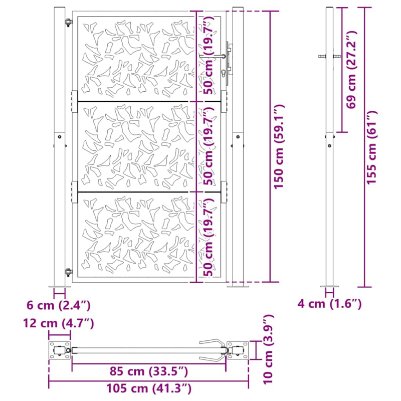 Gartentor Schwarz 105x155 cm Stahl Blatt-Design