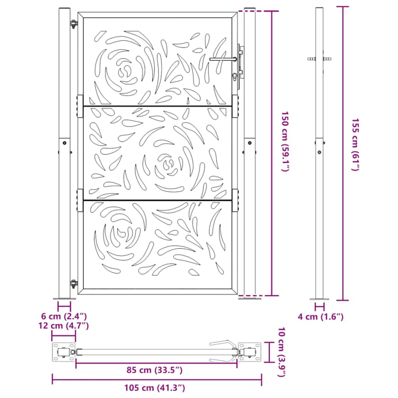 Gartentor Schwarz 105x155 cm Stahl Flammen-Design