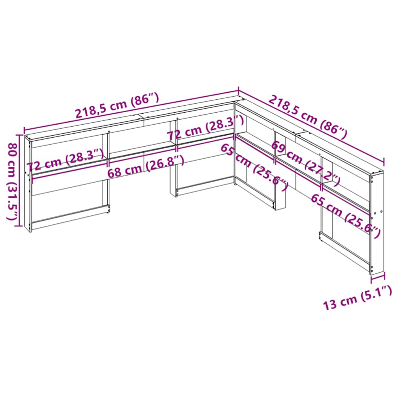 Kopfteil mit Bücherregal L-Form 200 cm Massivholz Kiefer