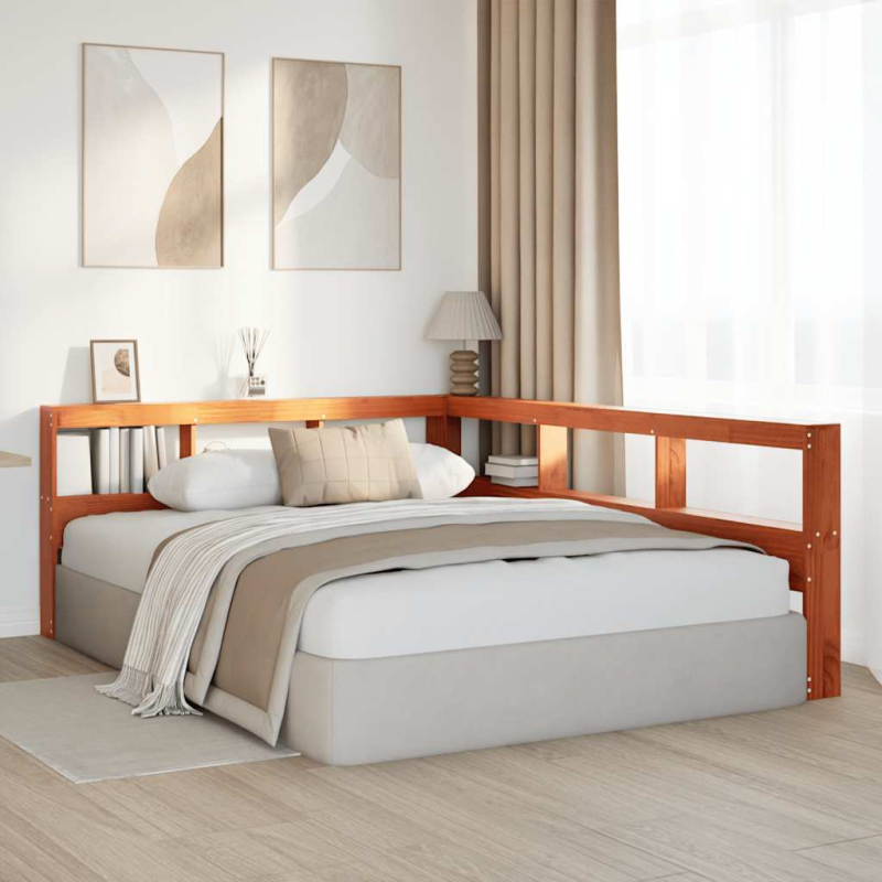 Kopfteil mit Bücherregal L-Form Wachsbraun 160 cm Massivholz