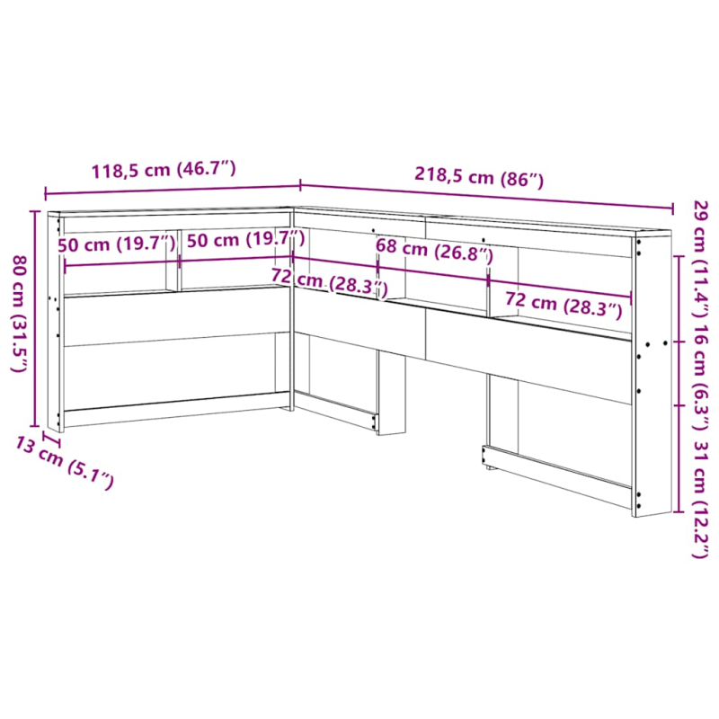 Kopfteil mit Bücherregal L-Form 100 cm Massivholz Kiefer