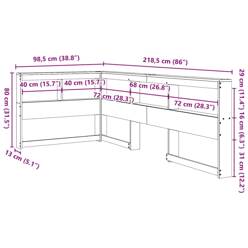 Kopfteil mit Bücherregal L-Form Weiß 80 cm Massivholz Kiefer