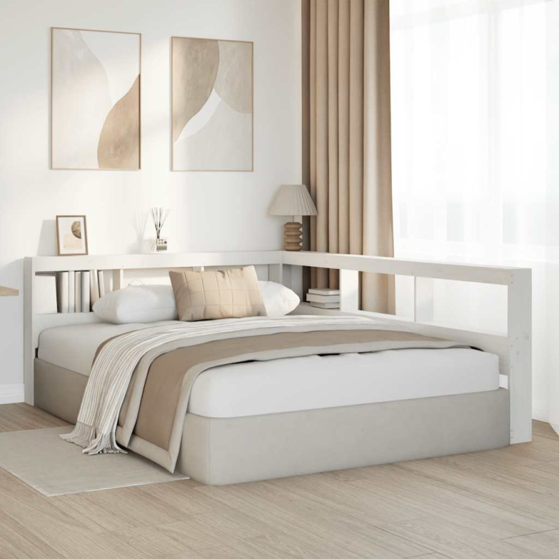 Kopfteil mit Bücherregal L-Form Weiß 140 cm Massivholz Kiefer