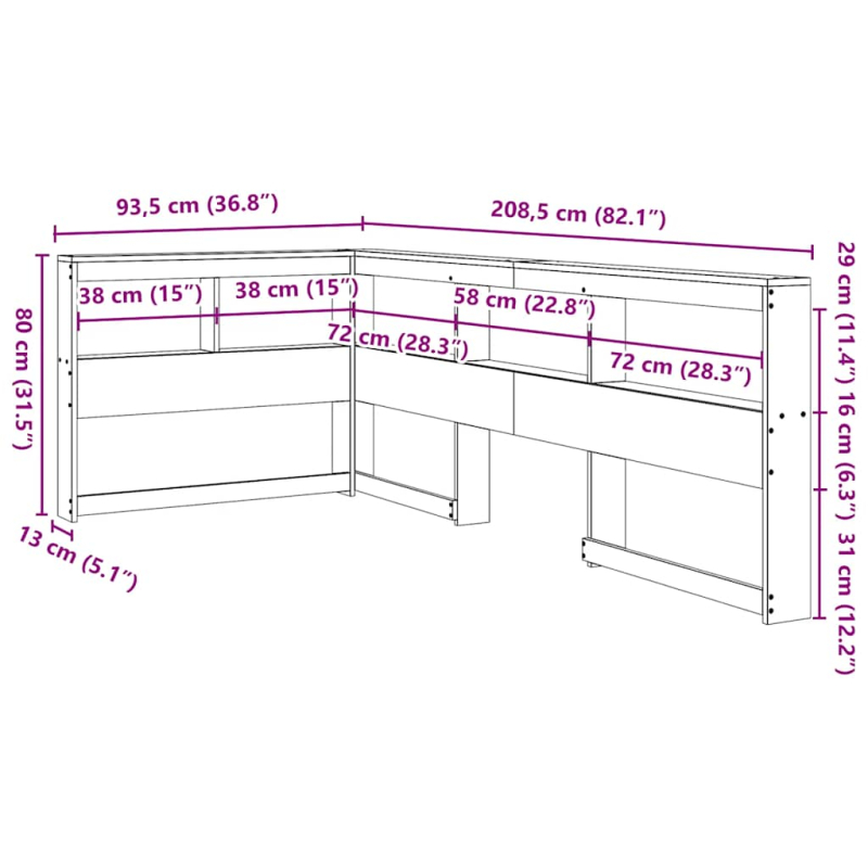 Kopfteil mit Bücherregal L-Form 75 cm Massivholz Kiefer