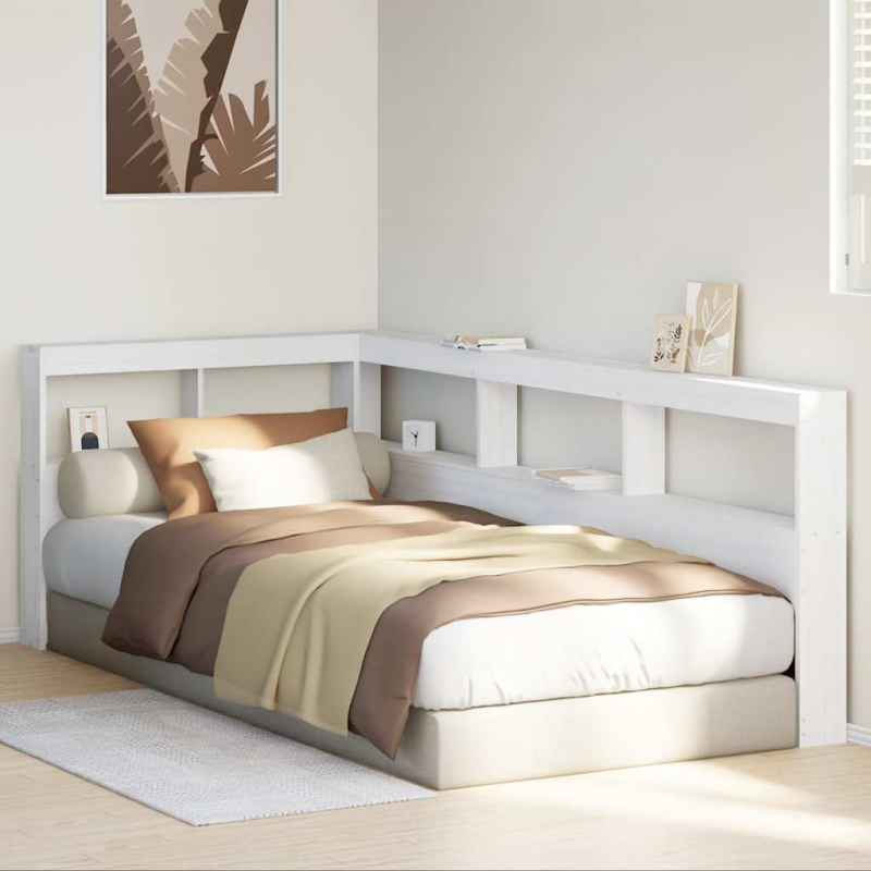 Kopfteil mit Bücherregal L-Form Weiß 75 cm Massivholz Kiefer