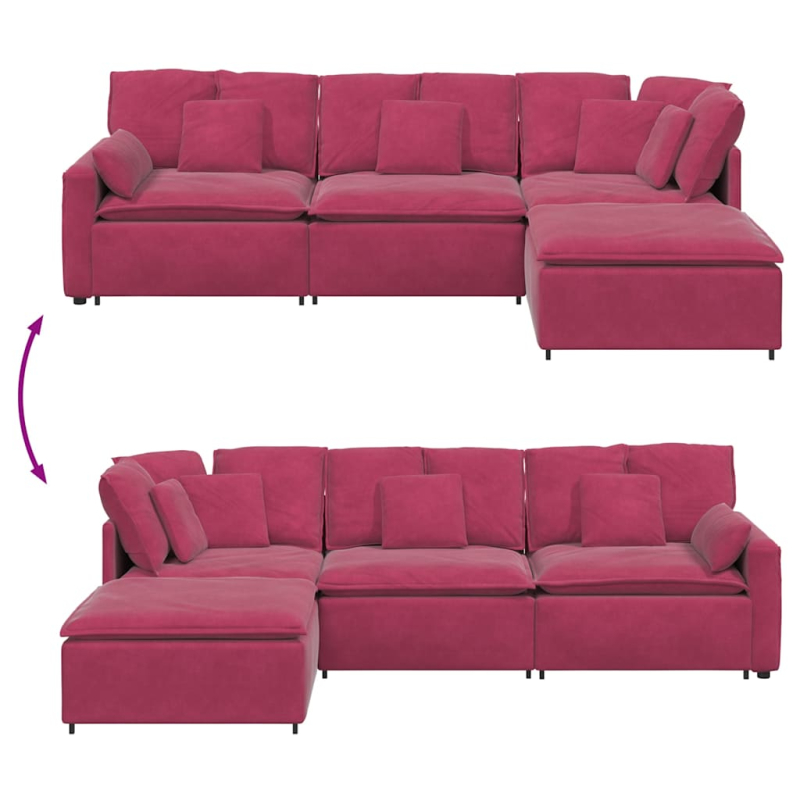 Modulares Sofa mit Fußhocker Kissen Samt Weinrot