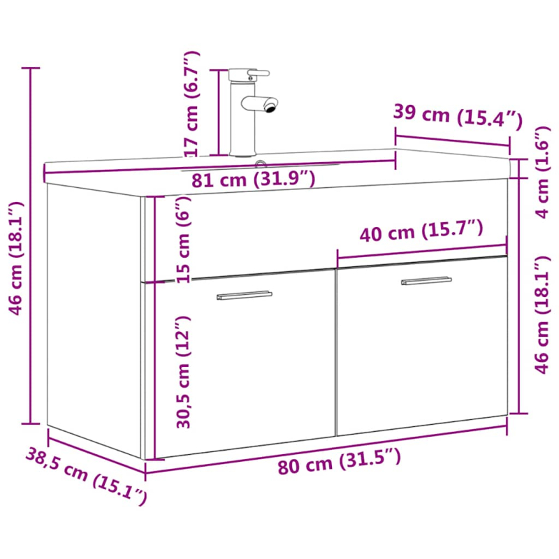 Waschbeckenunterschrank mit Einbaubecken Wasserhahn Betongrau
