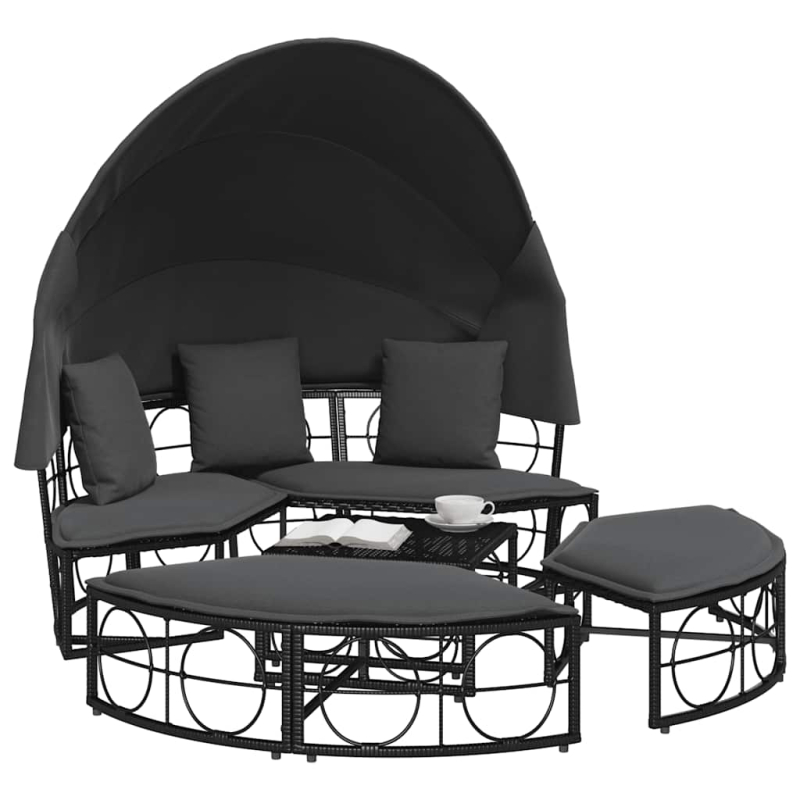 Outdoor-Loungebett mit Dach und Kissen Schwarz Poly Rattan
