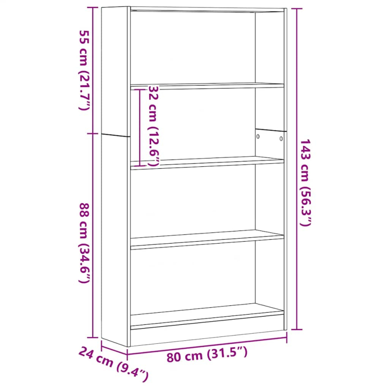 Bücherregal 4 Fächer Schwarz Eichen-Optik 80x24x143 cm