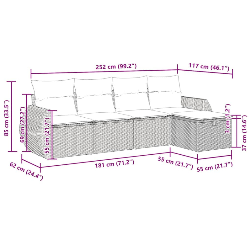 5-tlg. Garten-Sofagarnitur mit Kissen Braun Poly Rattan