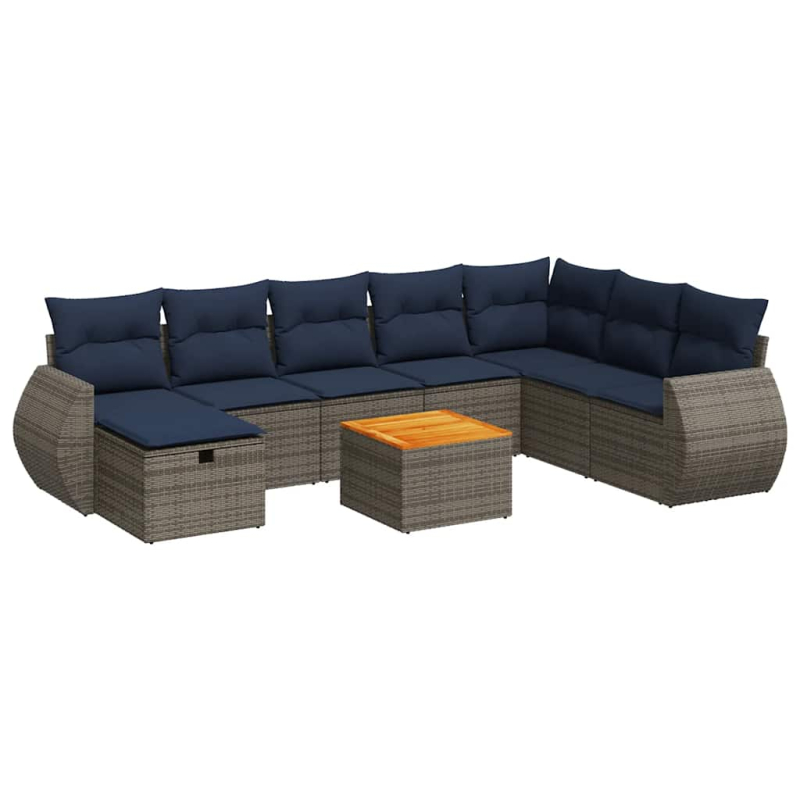 9-tlg. Garten-Sofagarnitur mit Kissen Grau Poly Rattan