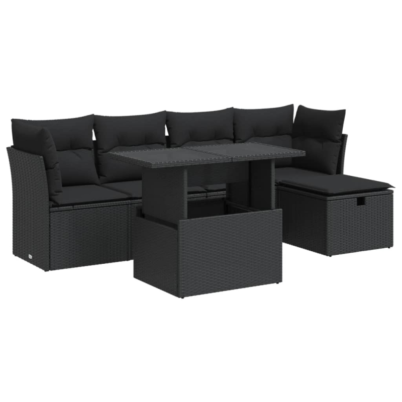 6-tlg. Garten-Sofagarnitur mit Kissen Schwarz Poly Rattan