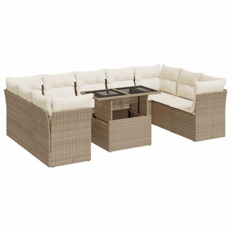 10-tlg. Garten-Sofagarnitur mit Kissen Beige Poly Rattan