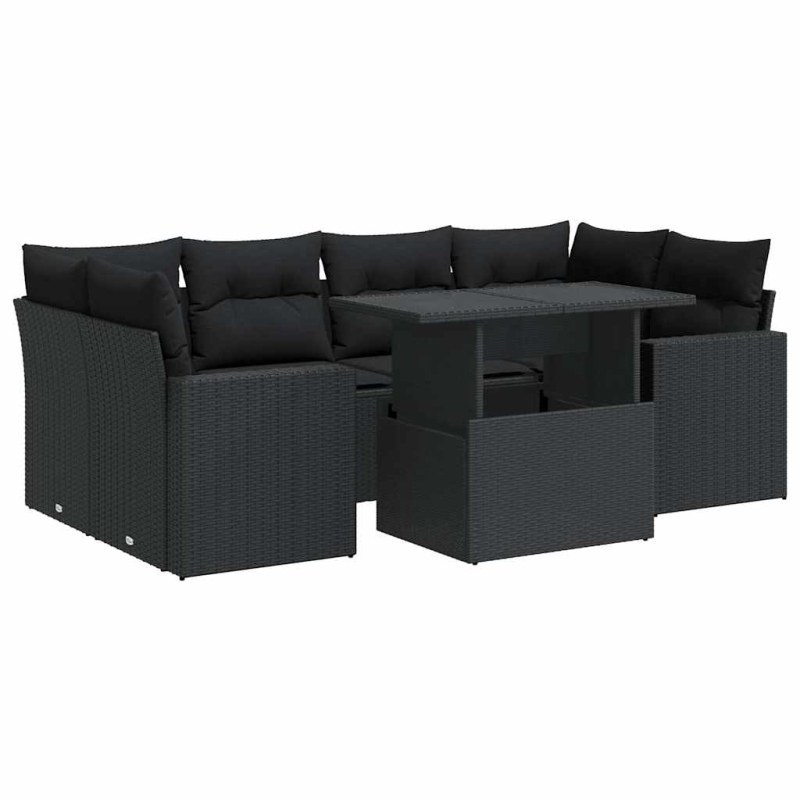 7-tlg. Garten-Sofagarnitur mit Kissen Schwarz Poly Rattan