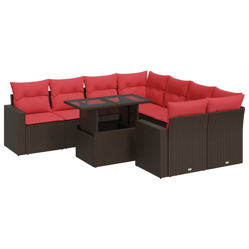 9-tlg. Garten-Sofagarnitur mit Kissen Braun Poly Rattan Akazie