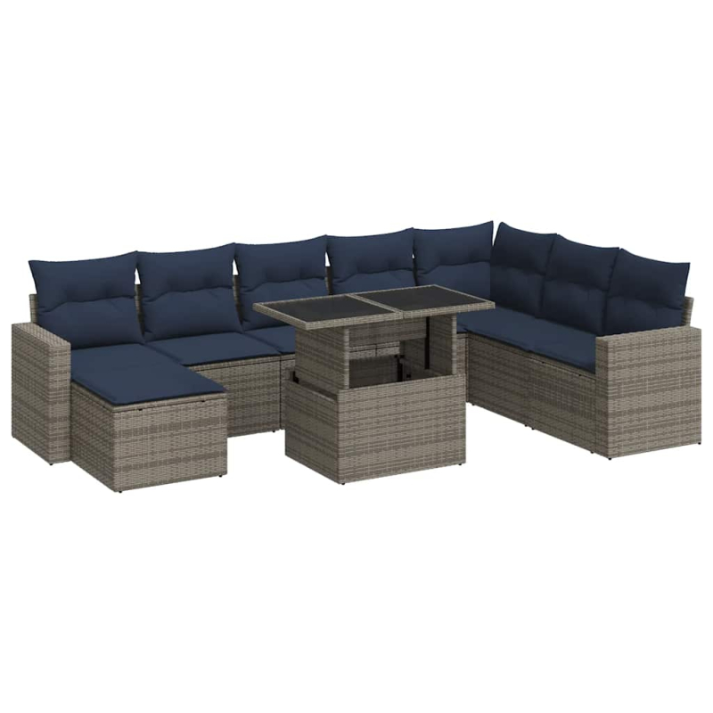 9-tlg. Garten-Sofagarnitur mit Kissen Grau Poly Rattan Akazie