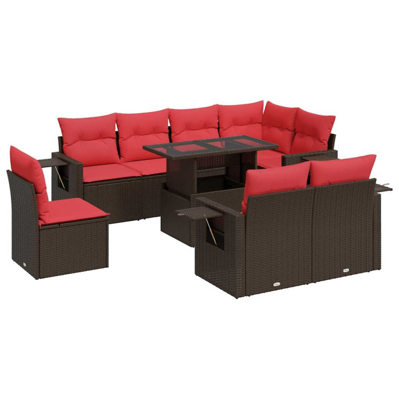9-tlg. Garten-Sofagarnitur mit Kissen Braun Poly Rattan Akazie