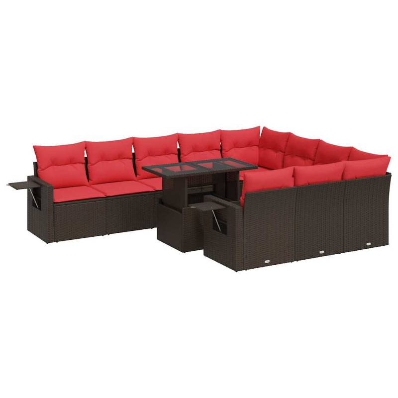 11-tlg. Garten-Sofagarnitur mit Kissen Braun Poly Rattan Akazie