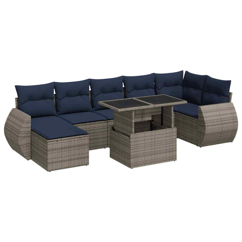 8-tlg. Garten-Sofagarnitur mit Kissen Grau Poly Rattan Akazie