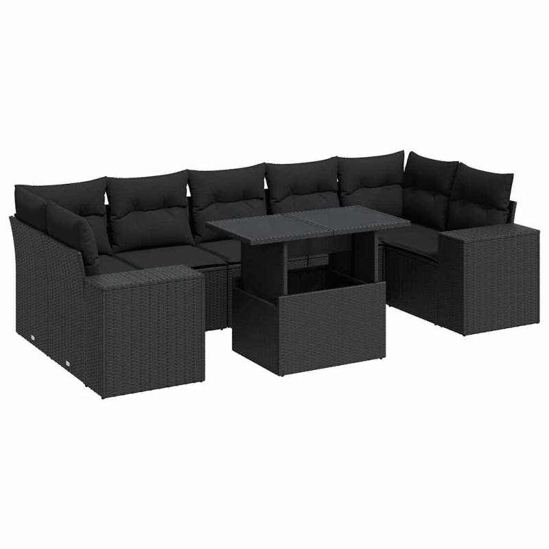 8-tlg. Garten-Sofagarnitur mit Kissen Schwarz Poly Rattan