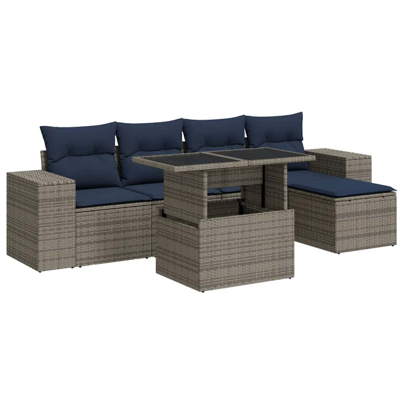 6-tlg. Garten-Sofagarnitur mit Kissen Grau Poly Rattan Akazie