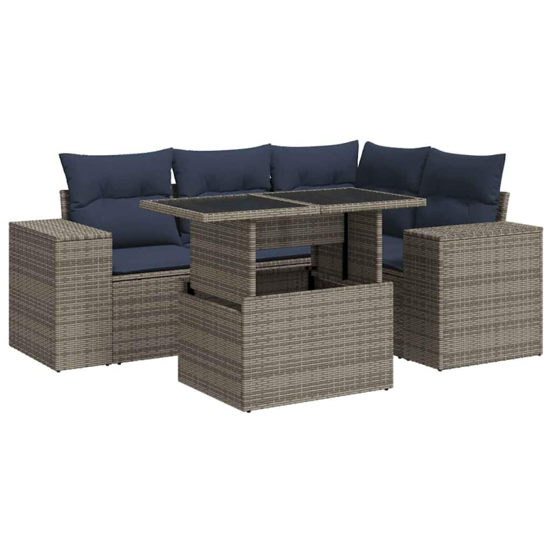 6-tlg. Garten-Sofagarnitur mit Kissen Grau Poly Rattan Akazie