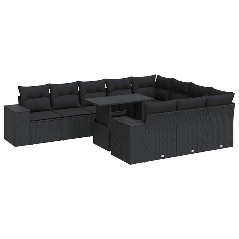 11-tlg. Garten-Sofagarnitur mit Kissen Schwarz Poly Rattan