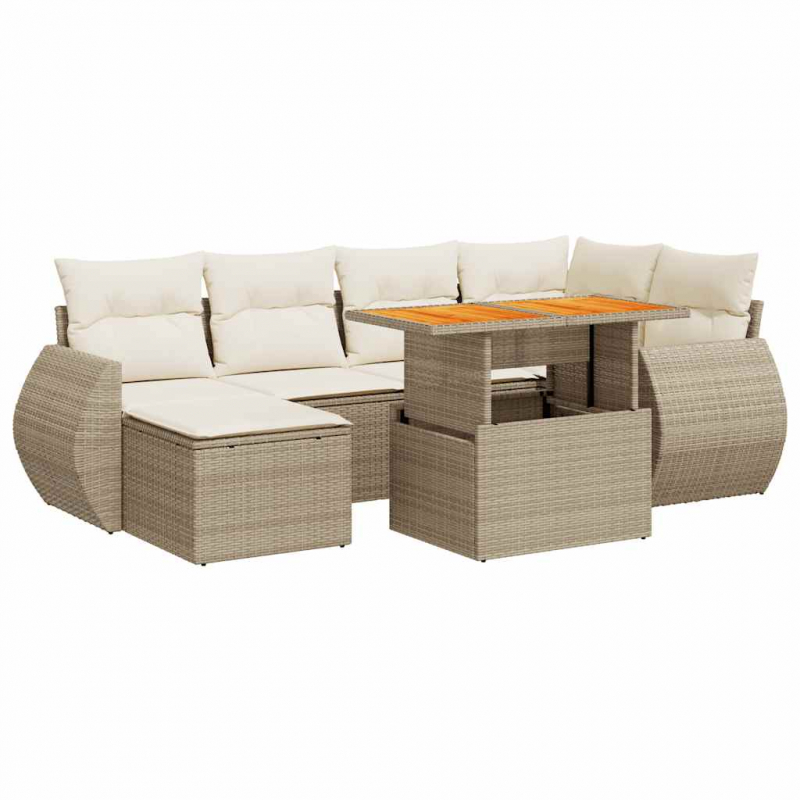 7-tlg. Garten-Sofagarnitur mit Kissen Beige Poly Rattan