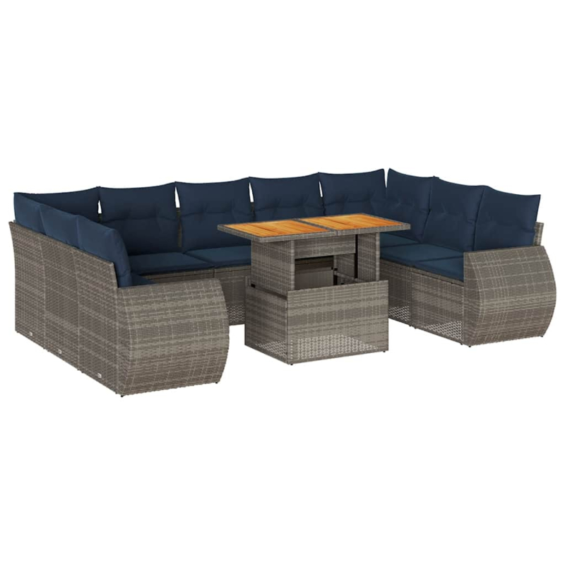 10-tlg. Garten-Sofagarnitur mit Kissen Grau Poly Rattan