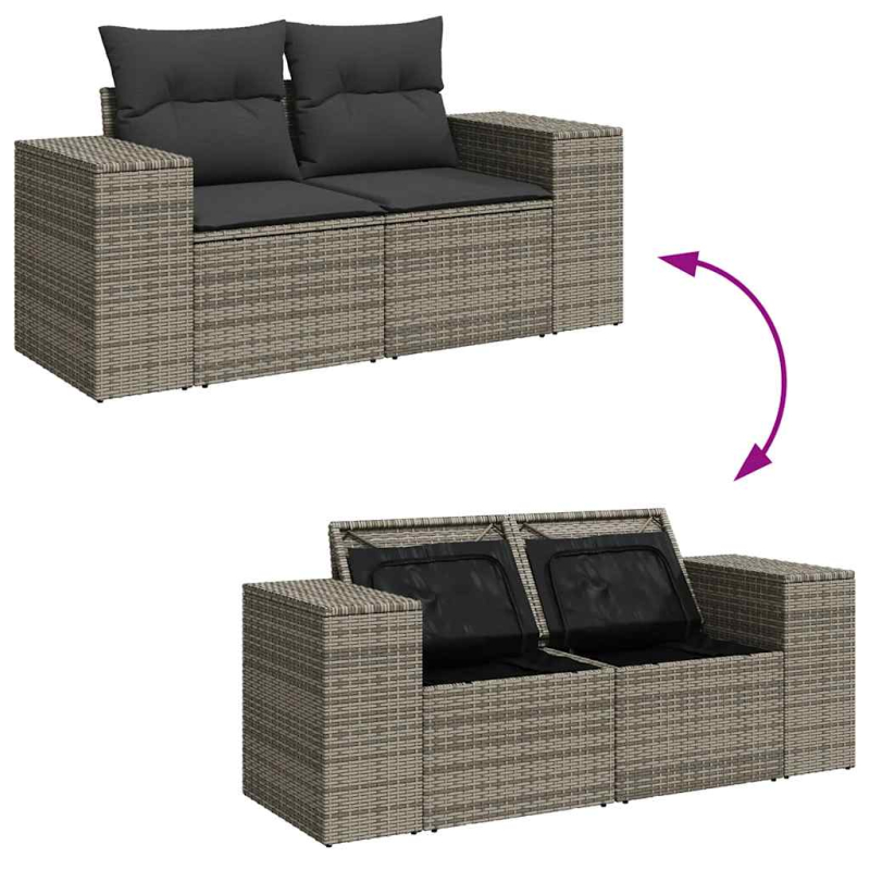 10-tlg. Garten-Sofagarnitur mit Kissen Grau Poly Rattan Akazie