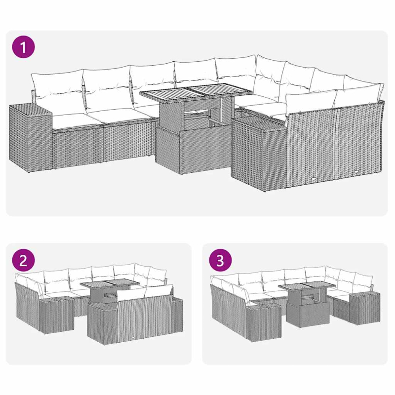 10-tlg. Garten-Sofagarnitur mit Kissen Grau Poly Rattan