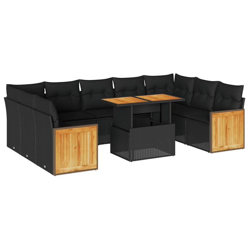 10-tlg. Garten-Sofagarnitur mit Kissen Schwarz Poly Rattan