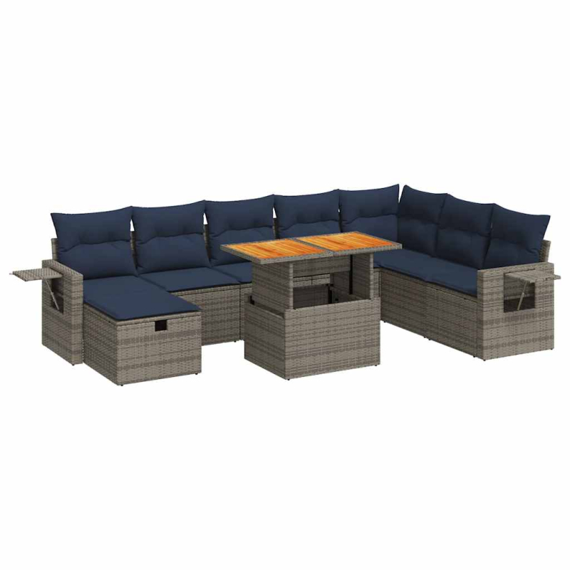 9-tlg. Garten-Sofagarnitur mit Kissen Grau Poly Rattan Akazie