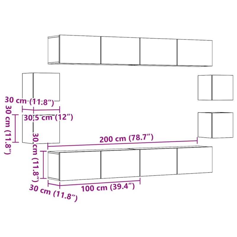 8-tlg. TV-Schrank-Set Wandmontage Altholz-Optik Holzwerkstoff