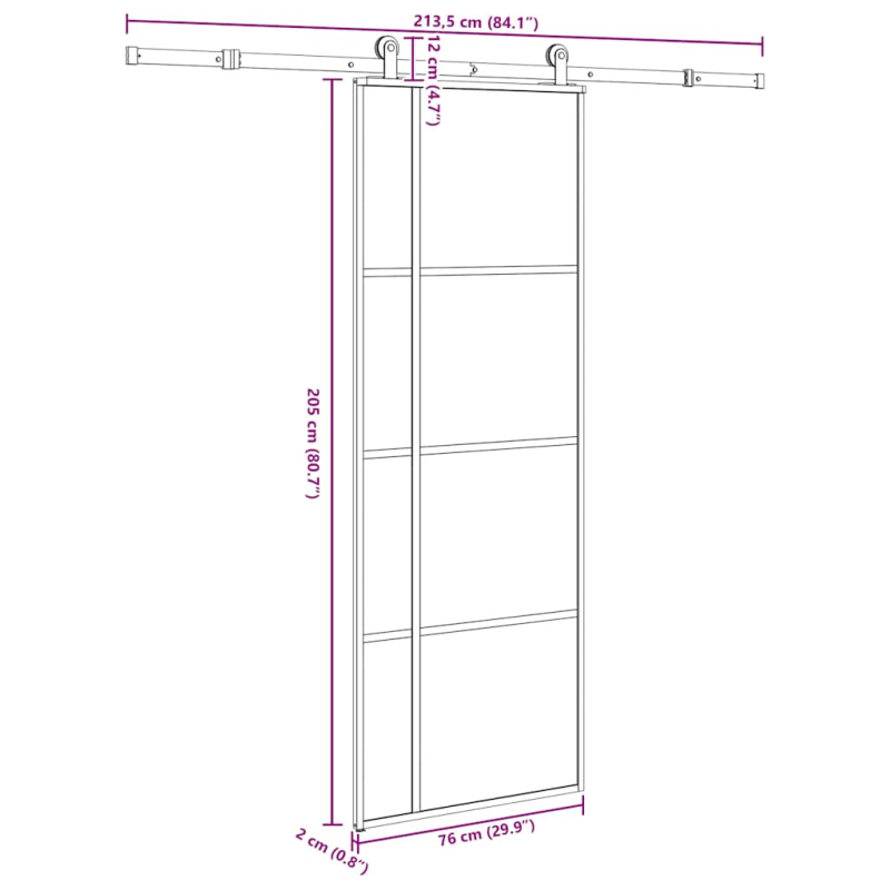 Schiebetür mit Beschlag 76x205 cm ESG-Glas & Aluminium