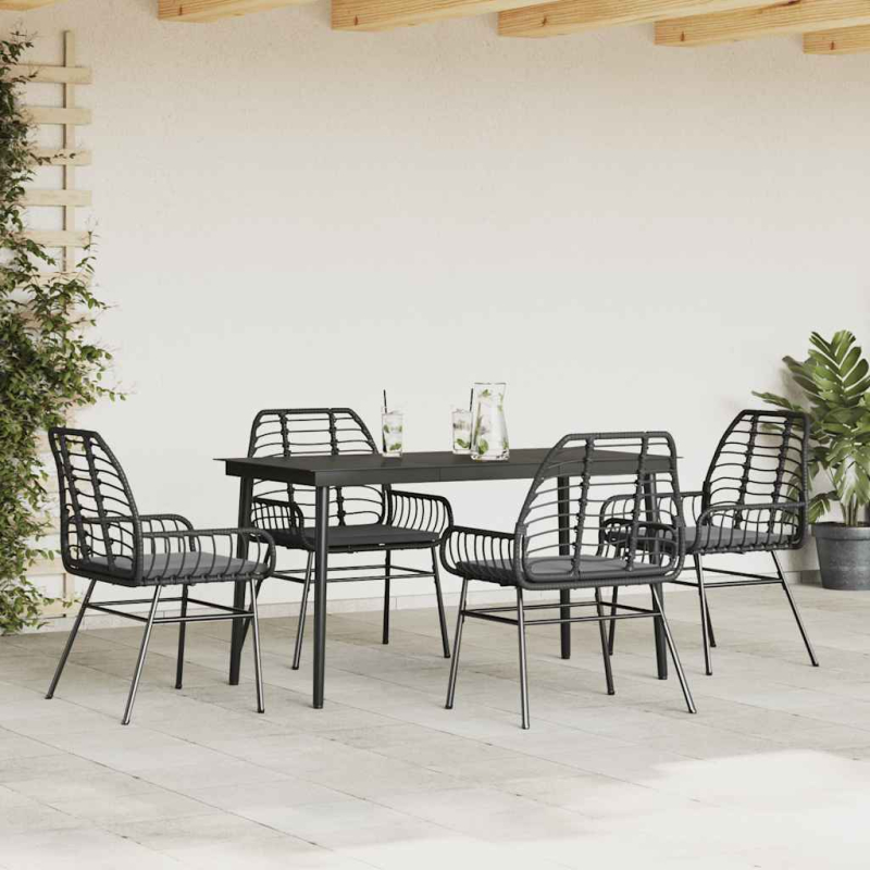 5-tlg. Garten-Essgruppe mit Kissen Schwarz Poly Rattan Glas