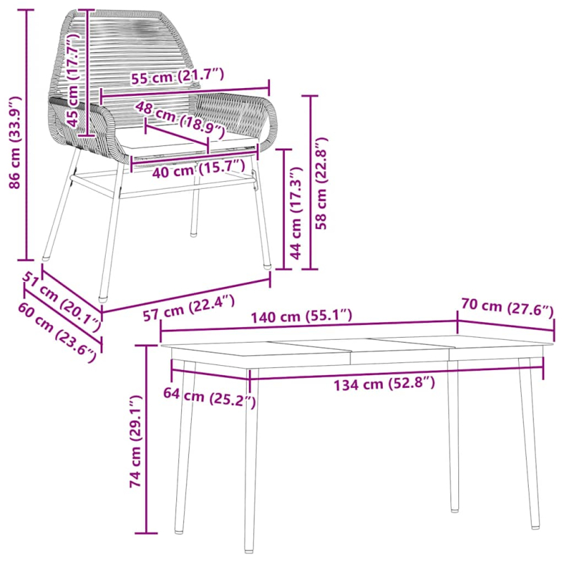 5-tlg. Garten-Essgruppe mit Kissen Grau Poly Rattan Glas