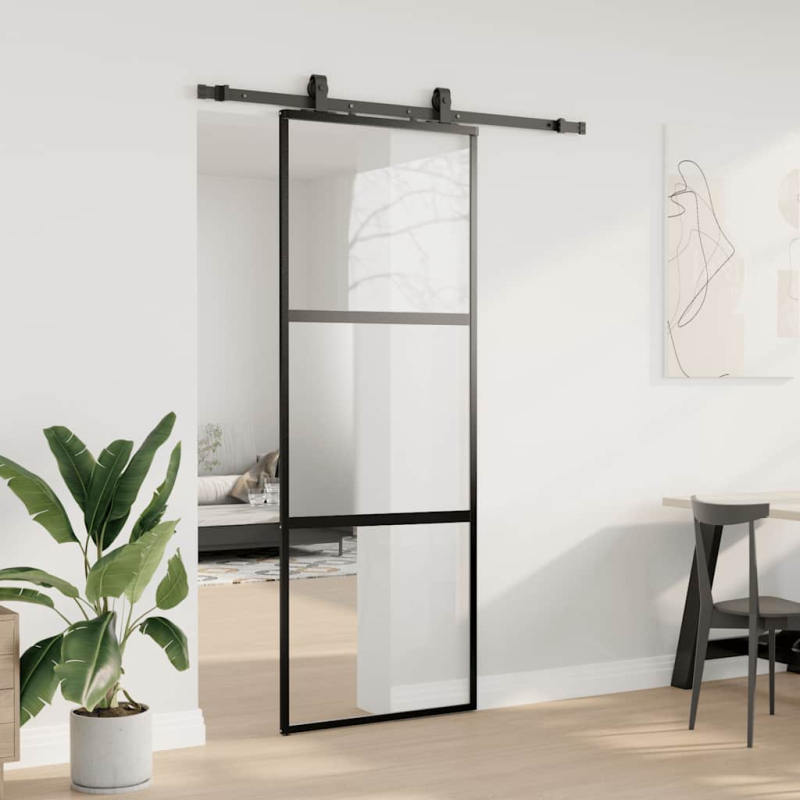Schiebetür mit Beschlag Schwarz 76x205 cm Hartglas