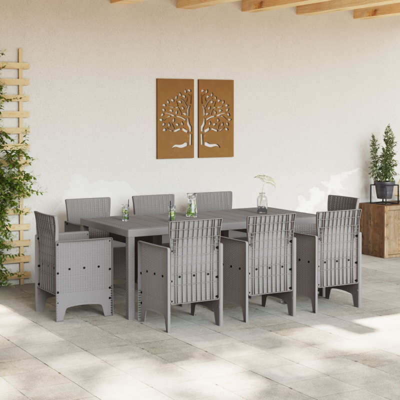 9-teiliges Garten-Essgroup mit Kissen in hellgrau aus Poly-Rattan