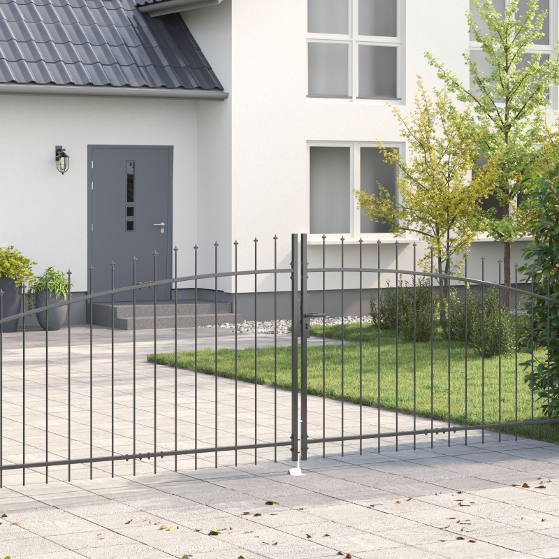 Gartentor mit Spear Top Doppelt schwenkbar Grau 100x400 cm Stahl