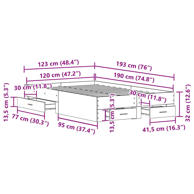 Bettgestell mit Schubladen Artisan Eiche 120x190 cm Engineering Holz