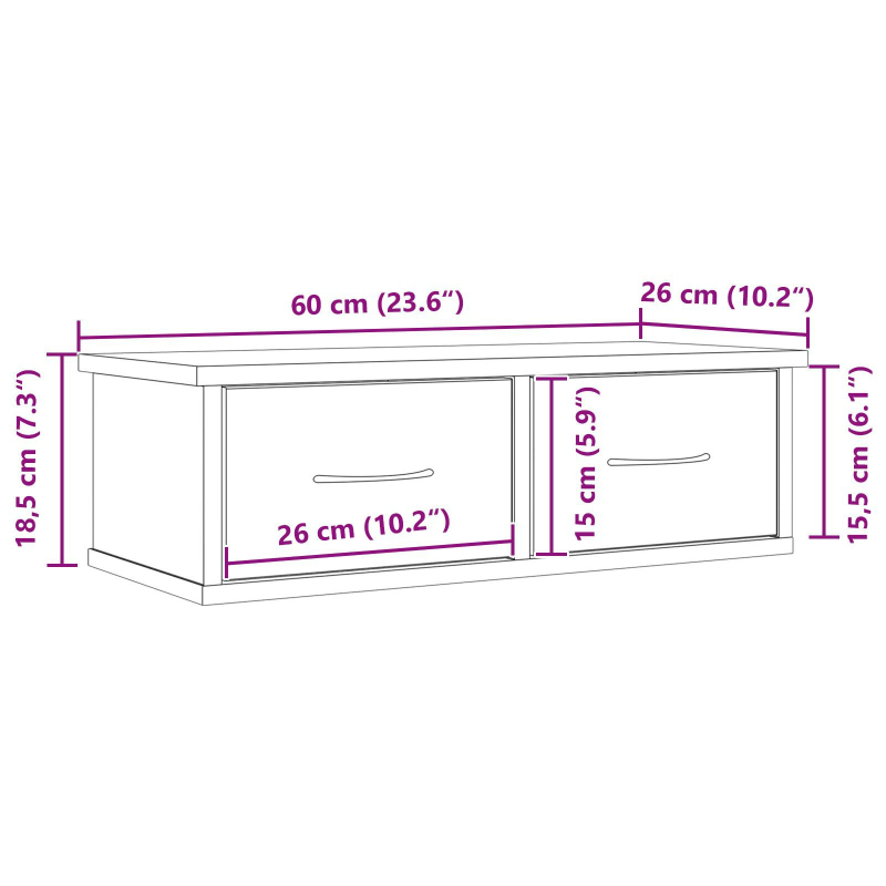 Wandmontiertes Schubladenregal Schwarz Eiche 60x26x18,5cm Holzwerkstoff