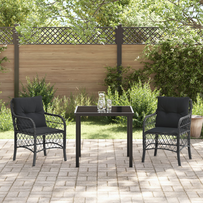 3-teiliges Garten-Ess-Set mit Kissen Schwarz Poly-Rattan